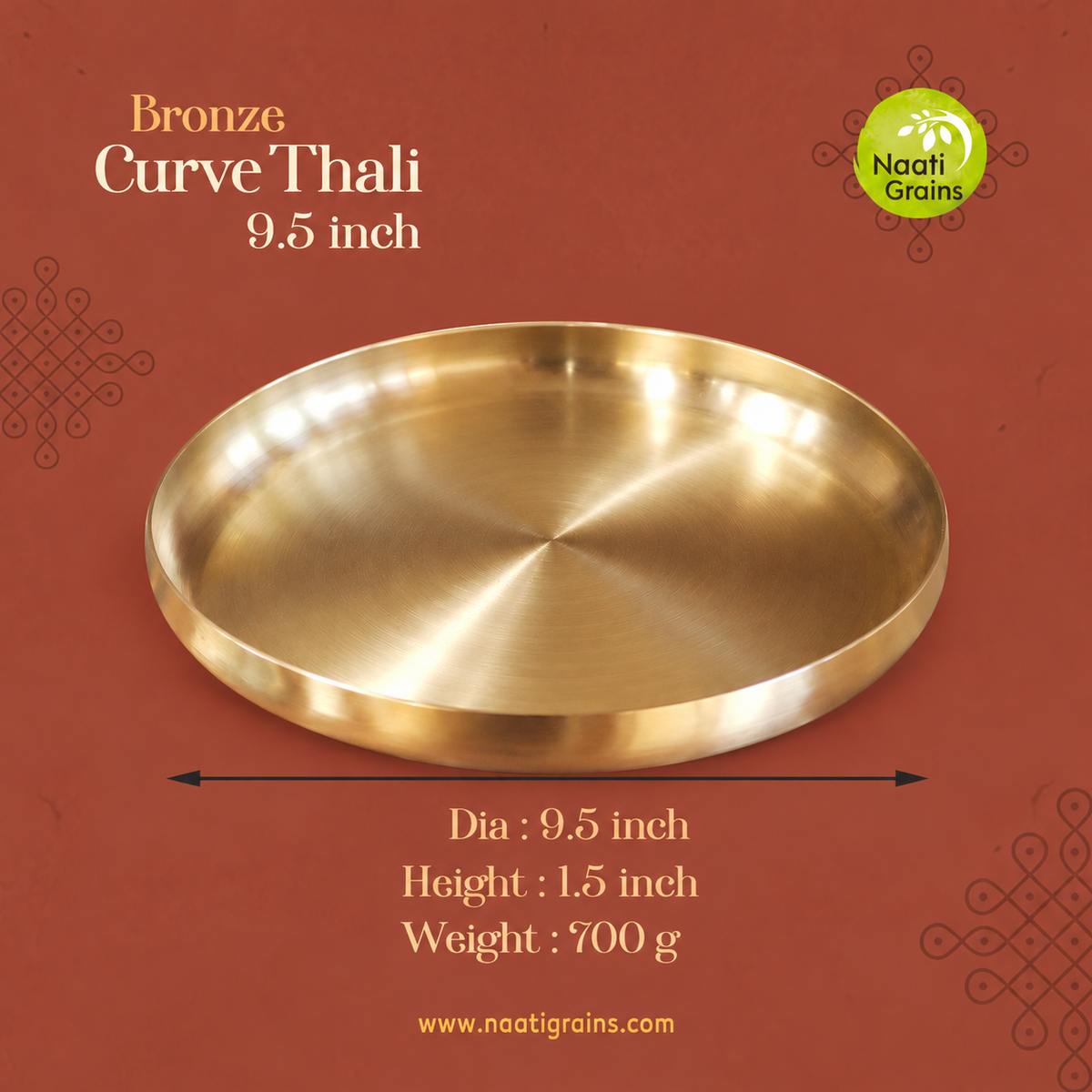 Virgin Kansa Bronze Curve Thali Plate 9.5 inch | 78% Copper & 22% Tin | Vengalam / Kanchu