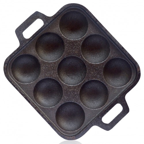 Cast Iron Kuzhipaniyara Kal (9 Kuzhi) ( Preseasoned Ready to Use Flat Base ) Paddu Tawa